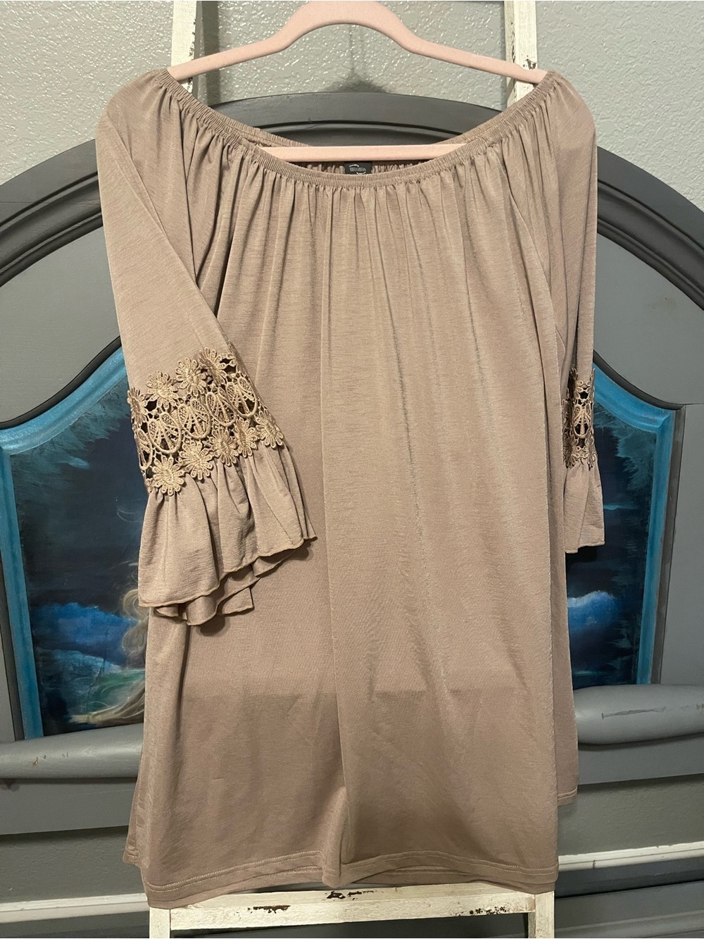 WinWin Off-Shoulder Taupe Tunic with Crochet Bell Sleeves Dress